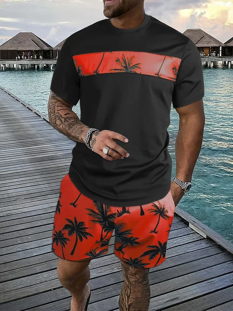 Heren Zomer Tropische Kokospalm Print Grafisch Korte Broek Met Korte Mouwen, Zomer Heren T-Shirt Met Ronde Hals En Korte Set Met Trekkoord