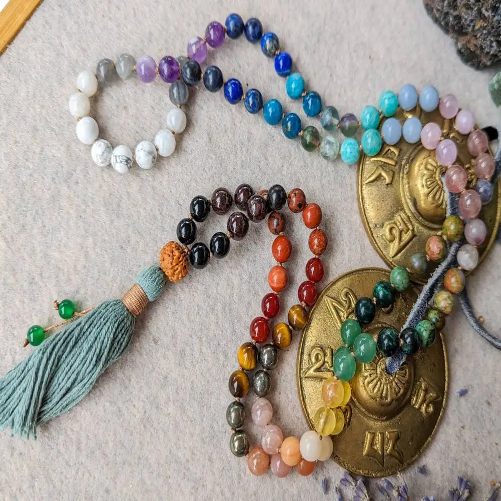 

Natural 7 Chakra Multi-Gemstone & Rudraksha 108 Mala Beads Necklace with Mint Tassel Balance & Healing Crystal Jewelry