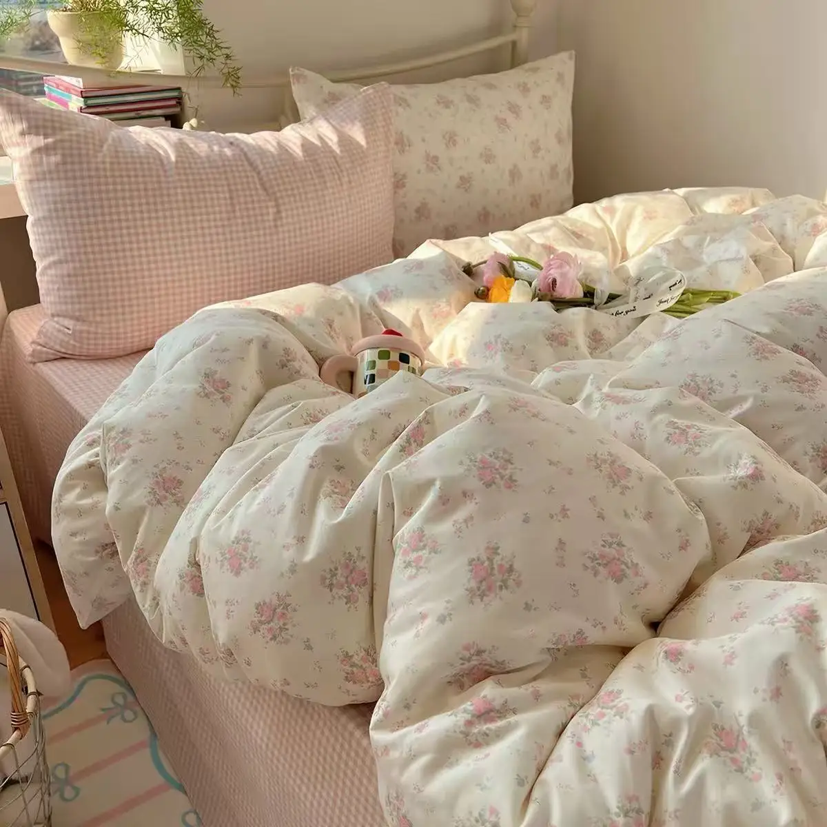 Pink Flowers Bedding Set with Duvet Cover Ins Bed Sheet Pillowcase Breathable Girls Single Twin Double Size Comforter Cover