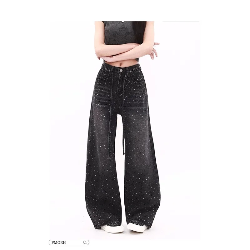

Niche Hot Diamond Wide Leg Jeans Women's Summer 2026 New Starry Sky Design Slim Floor length Pants Female Casual Denim Trousers