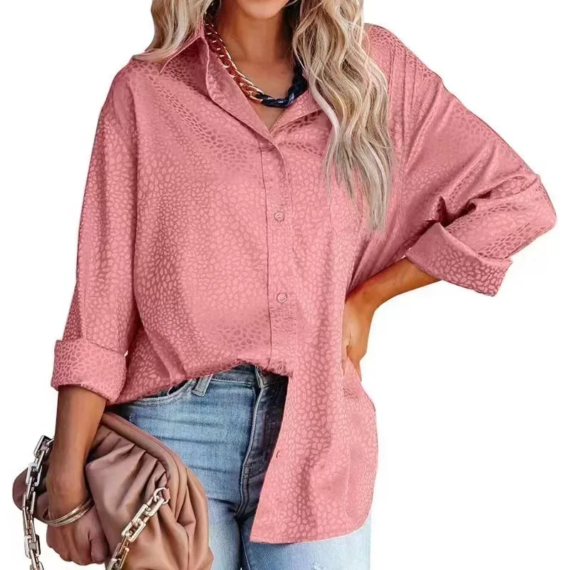 

Fashion Women's Leopard Print Jacquard Lapel Long Sleeve Shirt Button Up Cardigan Top Street Commuting Female Office Blouses
