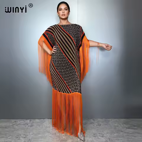 WINYI Summer Pleated Fringed maxi dress Women crumple kaftan Loose boho robe holiday Elegant evening dress abaya dubai luxury