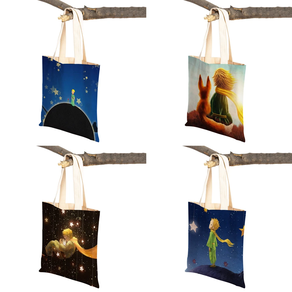 Little Prince Women Shopping Bag Double Print Fashion Classic Cartoon Anime Canvas Lady Travel Tote for Children Boys Girl