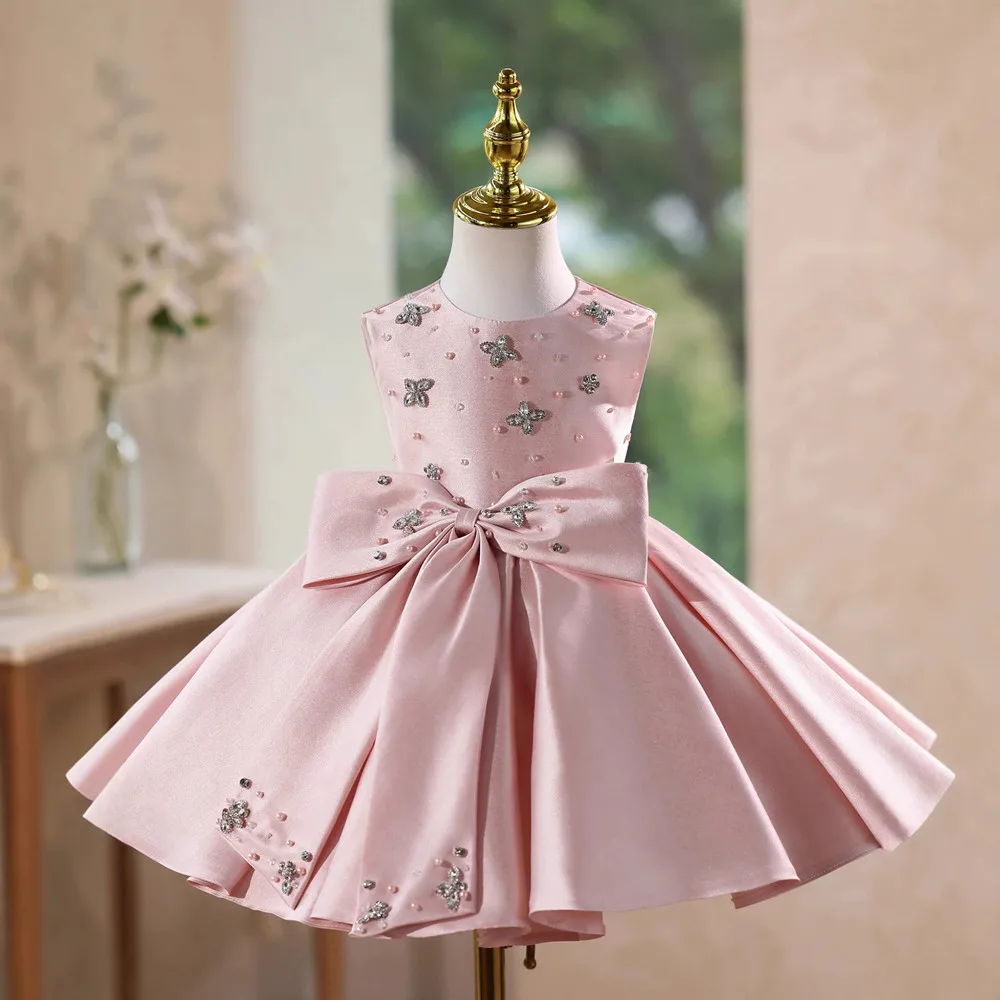 

Beaded Flower Satin Princess Gown For Kids Birthday Party Cute Sleevess Girls Dresses Pageant Clothing Piano Performance Outfit