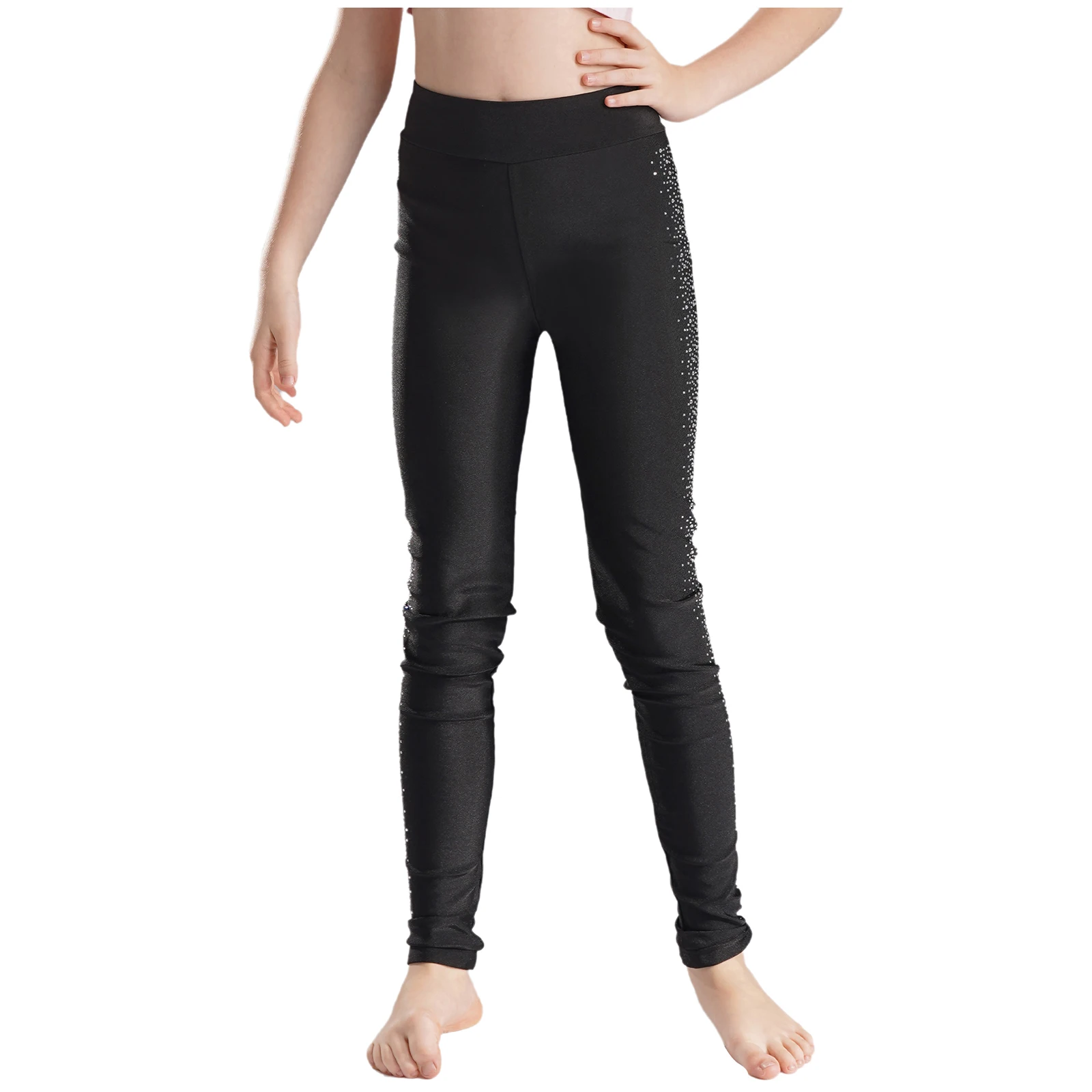 Kids Girls Rhythmic Gymnastics Ballet Dance Performance Figure Skating Costume Leggings Sparkly Rhinestones High Waist Pants