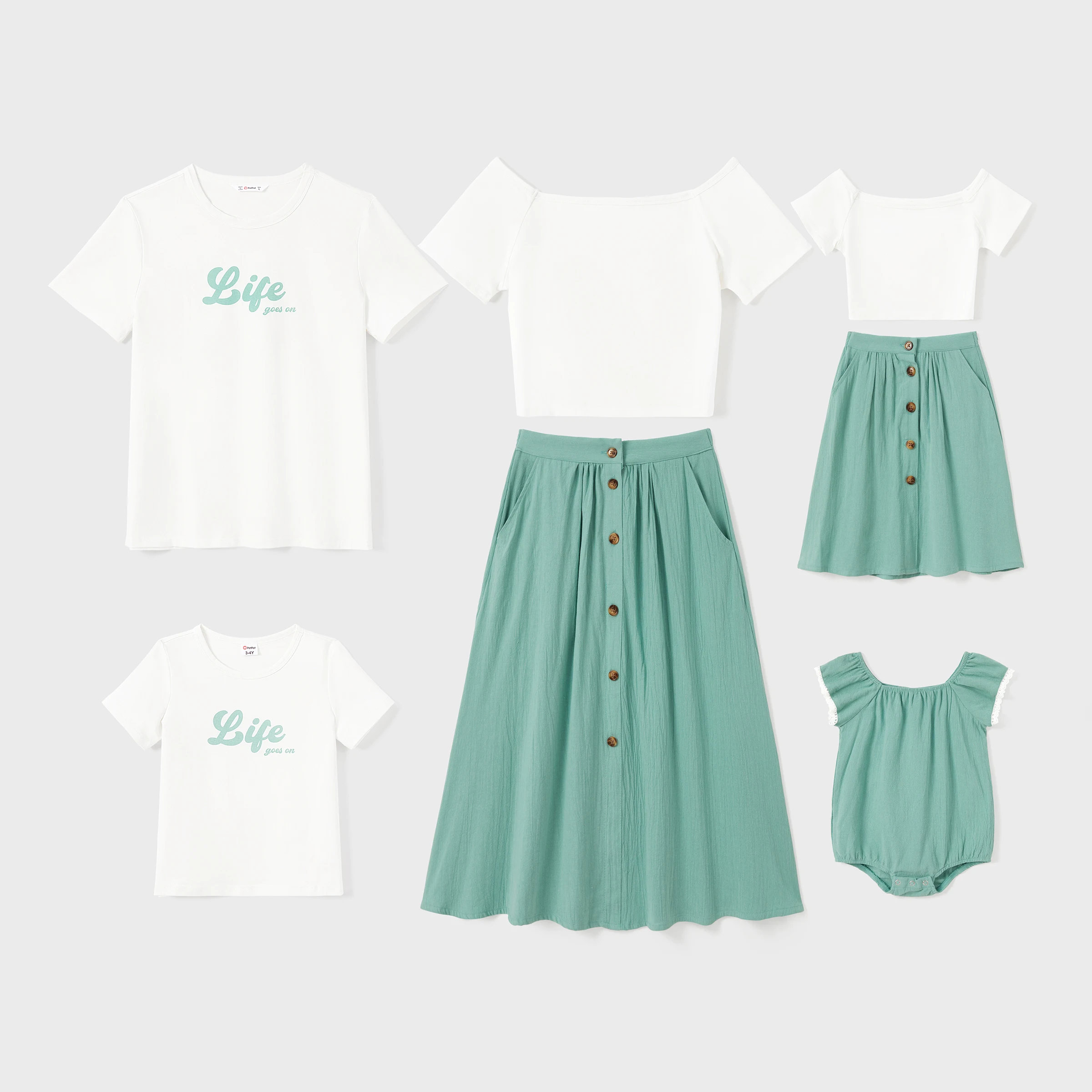 PatPat Family Matching Sets Slogan Tee or White Top Mint Green Button Skirt with Pockets Co-ord Sets