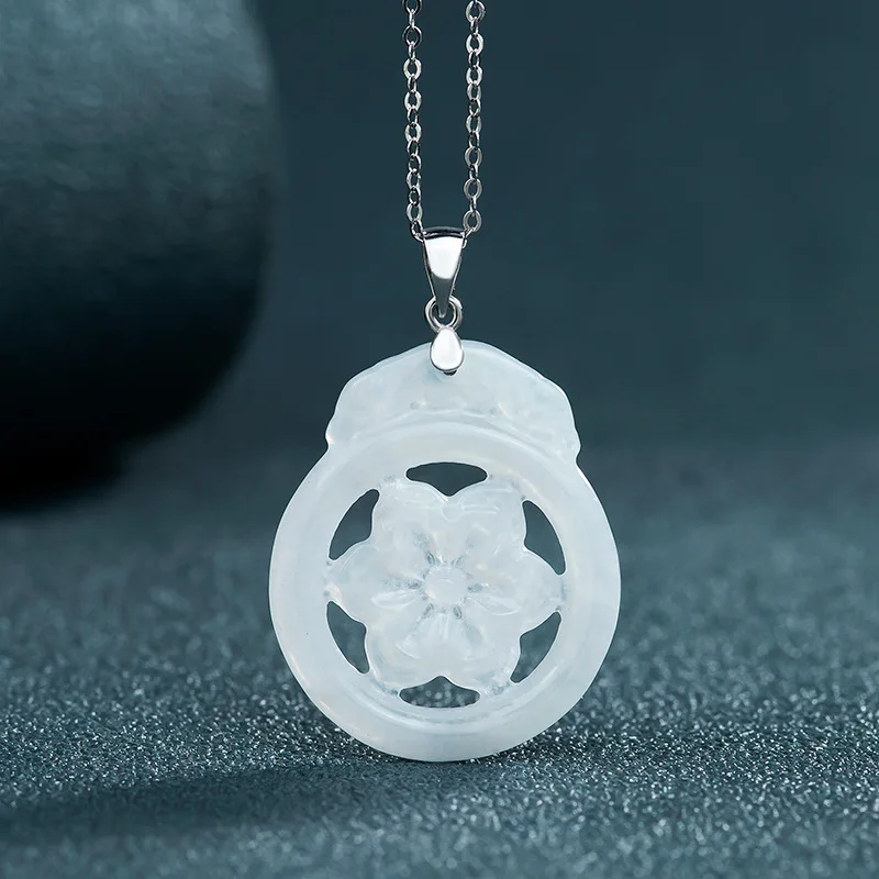 

Silver inlaid natural Burmese A-grade jadeite hollowed out petals hexagonal star ice seed jade pendant for women fashionable