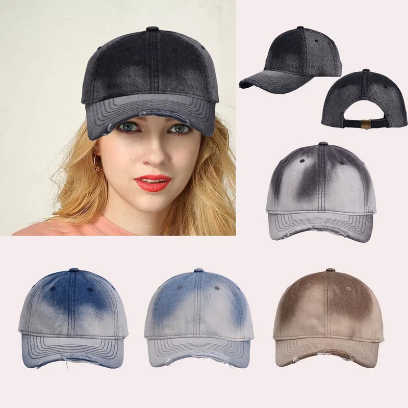 Distressed tie-dye gradient denim baseball cap, casual ripped baseball cap for men and women, versatile casual hat