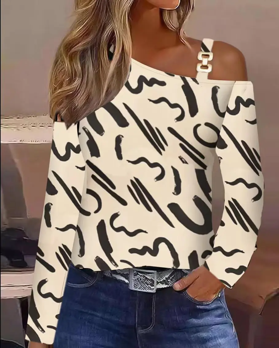 Women's Asymmetrical One Shoulder Long Sleeve Top with Metal Buckle Detail Geometric Print Slim Fit Pullover Blouse