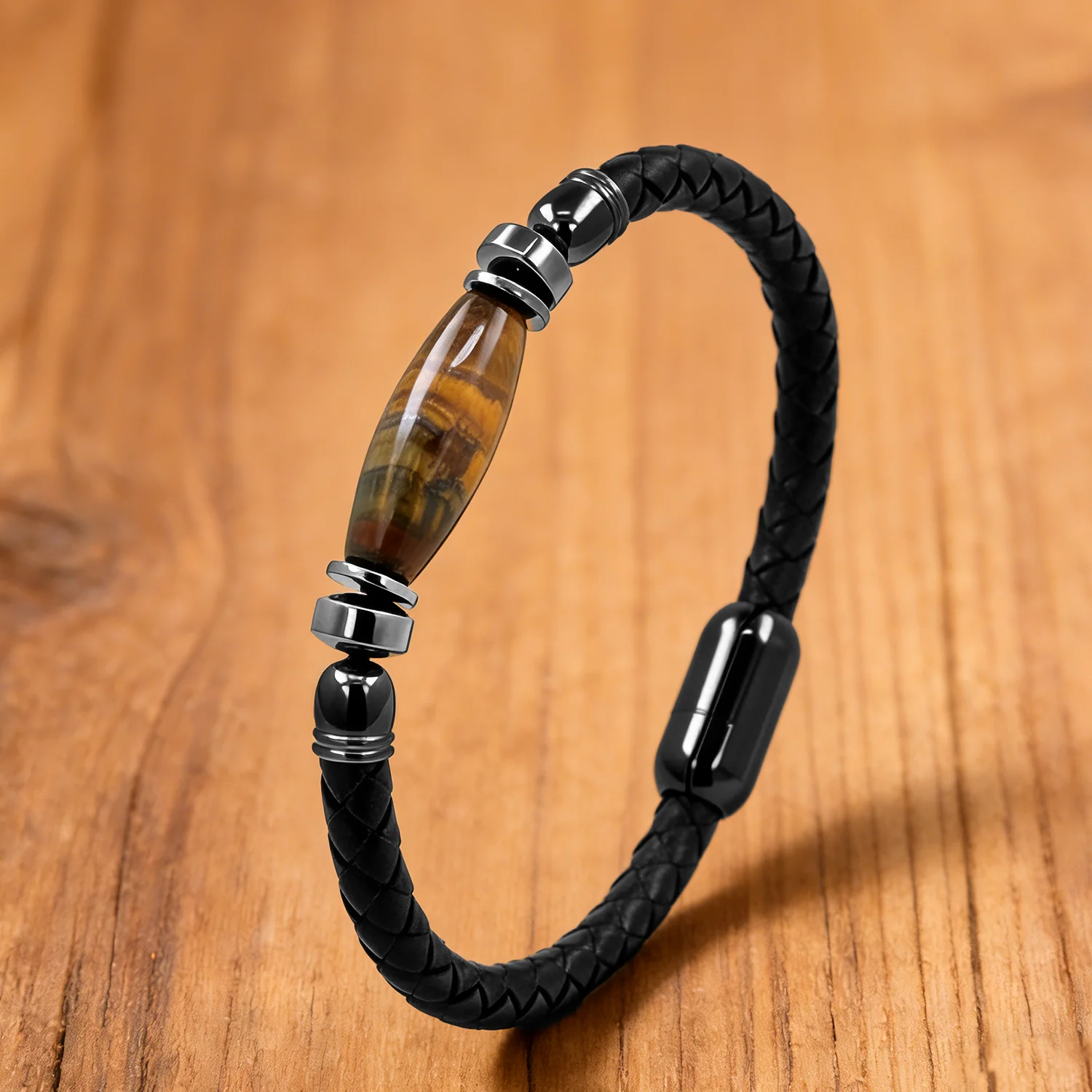 Vintage Men's Leather Bracelet Natural Stone Stainless Steel Magnetic Clasp Retro Fashion Bracelet for Men