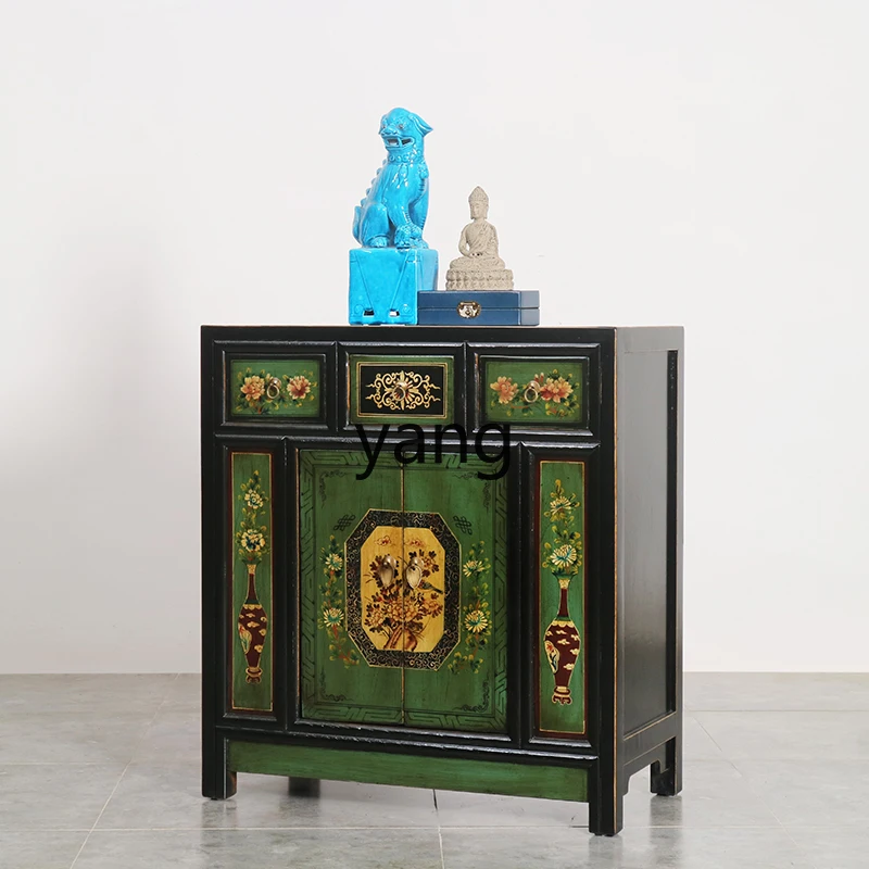 LMMNew Chinese Painted Furniture Entrance Solid Wood Antique Shoe Cabinet Storage Wine Cabinet