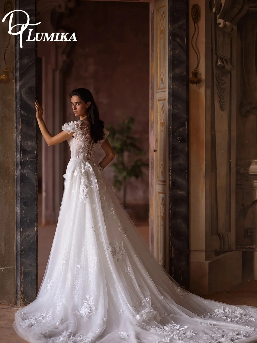 Suknia ślubna DTLumika 3D Flower Romantic z dekoltem w serek, krój syreny, tiulowa, z długim trenem, szyta na miarę, wykwintna, zdobiona koralikami, suknia ślubna robes de maria