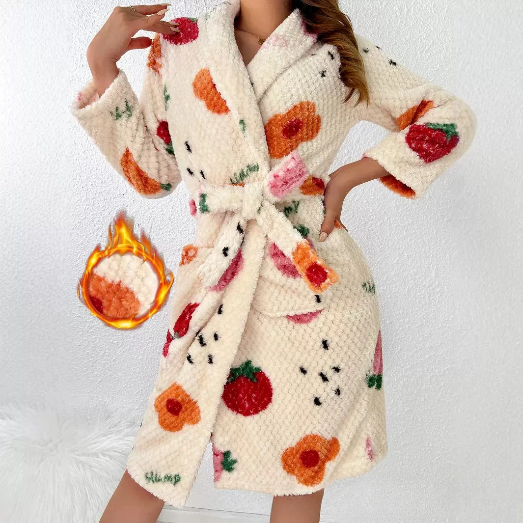 Jesienno-zimowy koralowy polar długi szlafrok damski dekolt w serek drukuj ciepły szlafrok przytulne kimono szaty pod prysznic casual luźna koszula nocna