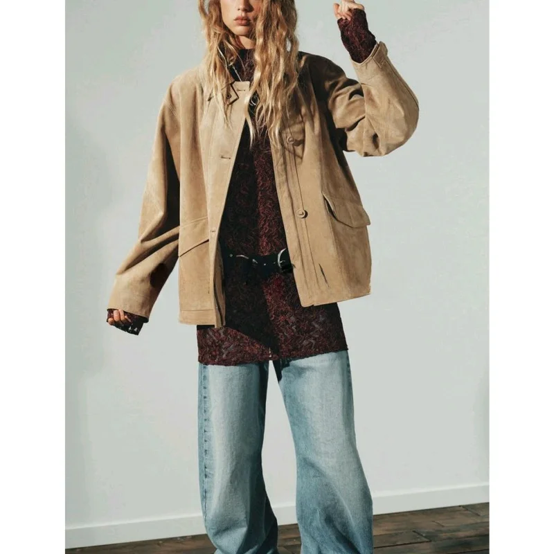Automne femmes décontracté Sle Long Sve velours cuir Jaet revers ket Design Polyester Fiber 00% vêtements d'extérieur pour dames