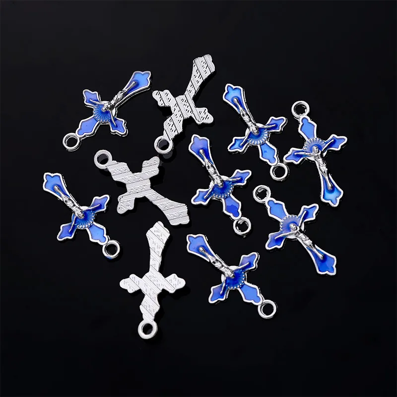 10 Pieces/Jewelry Catholic Mini Blue Cross Exorcism Pendant Jesus Accessories Handmade Cross Medal