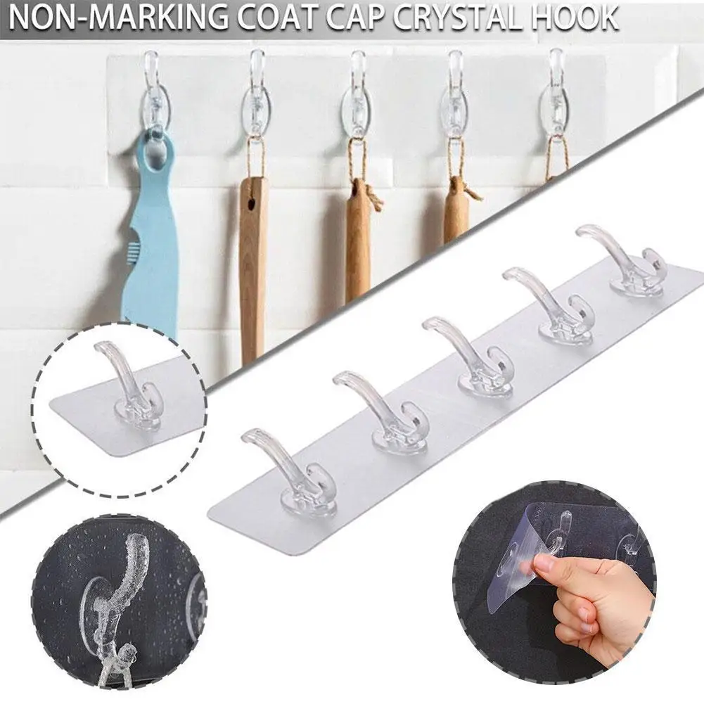 Transparent Five Plastic Hooks Punch Free Wall Hook Five Row Hanging Adhesive Hooks Bathroom Towel Rack Accessories