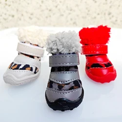 Leopard Boots For Dog Walk Winter Snow Warm Pet Accessories Small Breeds Shoes Puppy Shoes Supplies Items 4pcs/set Chihuahua