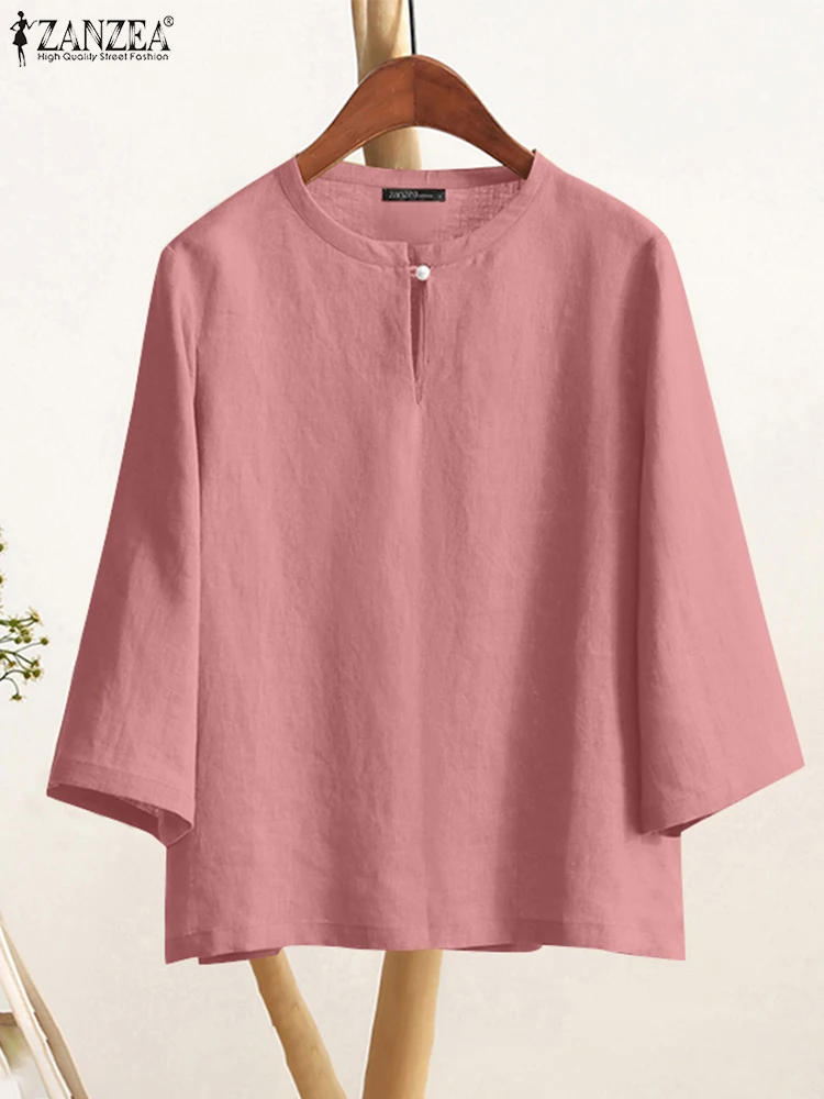 ZANZEA Vintage O Neck Blouse Solid Cotton 3/4 Sleeve Everyday Wear Blusas Mujer 2025 Spring Summer Casual Loose Plain Women Tops