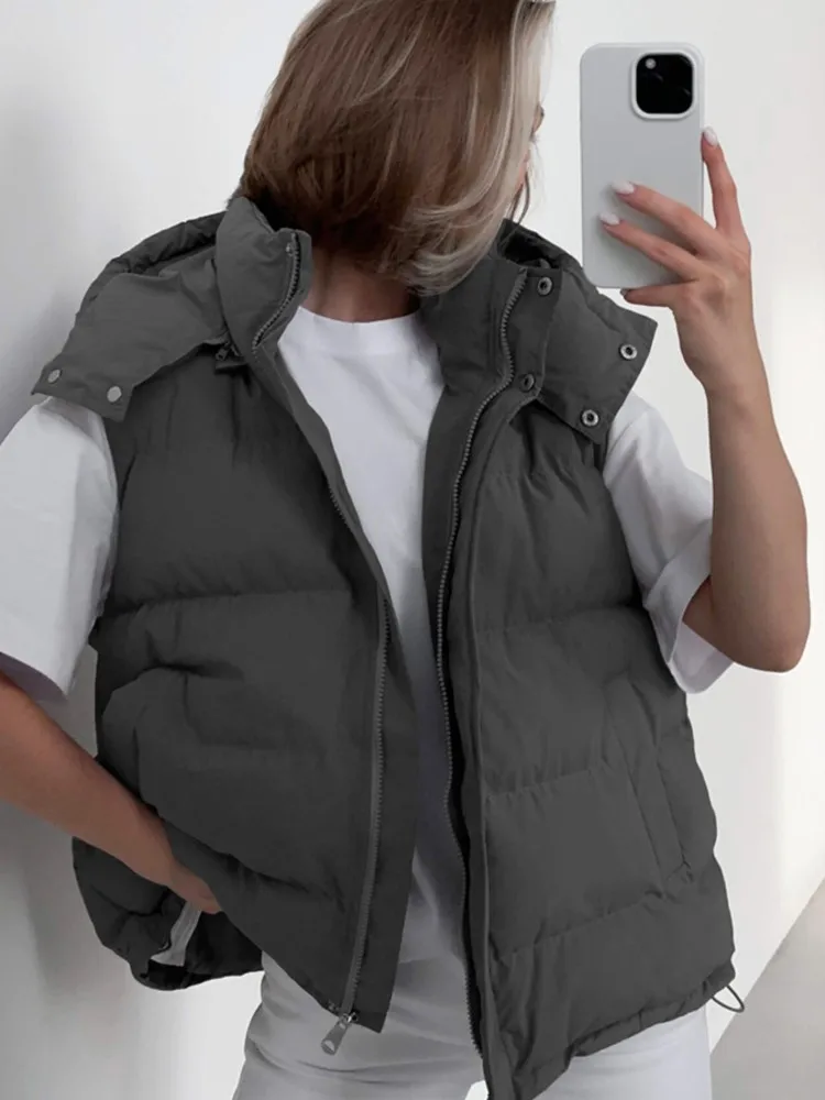 

Women Cotton Vest European And American 2025 Autumn And Winter Street Style Outerwear Outer Sleeveless Hooded Down Cotton Jacket