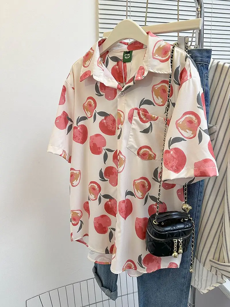 Peach all-over printed short-sleeved shirt 2024 summer new loose American retro Japanese fashion brand shirt jacket y2k tops emo