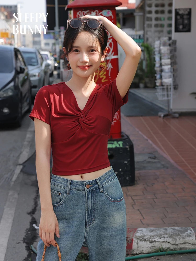 

Summer Slim Fit V Neck Twist Tee Women Short Sleeve Lyocell T-Shirt Solid Crop Top Casual Stretchy Lightweight Fashion Shirt