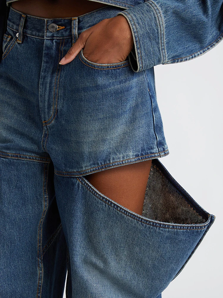 TWOTWINSTYLE Loose Hollow Out Denim Pants For Women High Waist Spliced Button Casual Wide Leg Jeans Female Fashion Clothing 2023