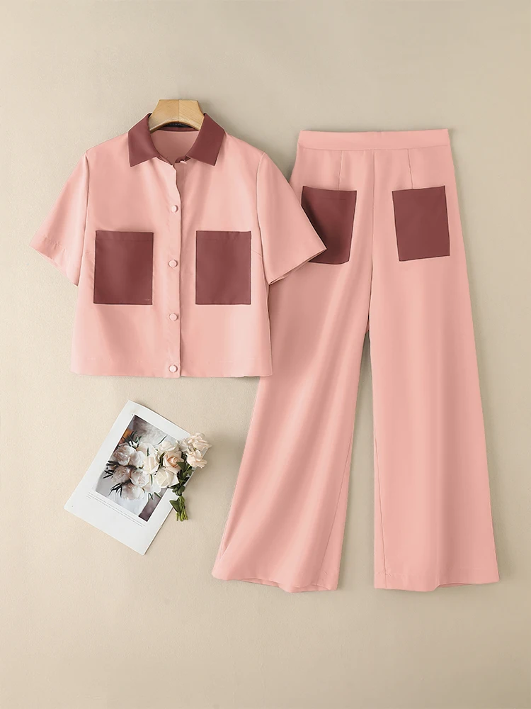 

ZANZEA Wide Leg Pants Lapel Short Sleeve Shirts Pant Sets Streetwear Contrast-Color Fashion Woman 2 Piece Sets 2pcs Outfits