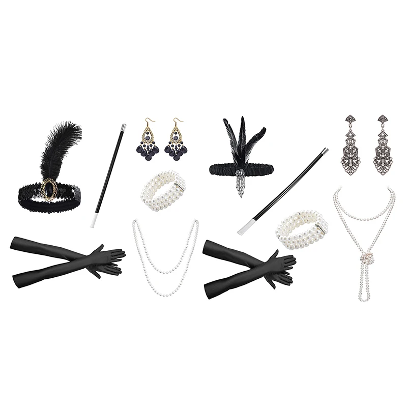 1set 1920er Jahre Flapper Cosplay Kostüm Feder Stirnband Perlenkette lange Handschuh Gatsby Maskerade Zubehör – Detail 6