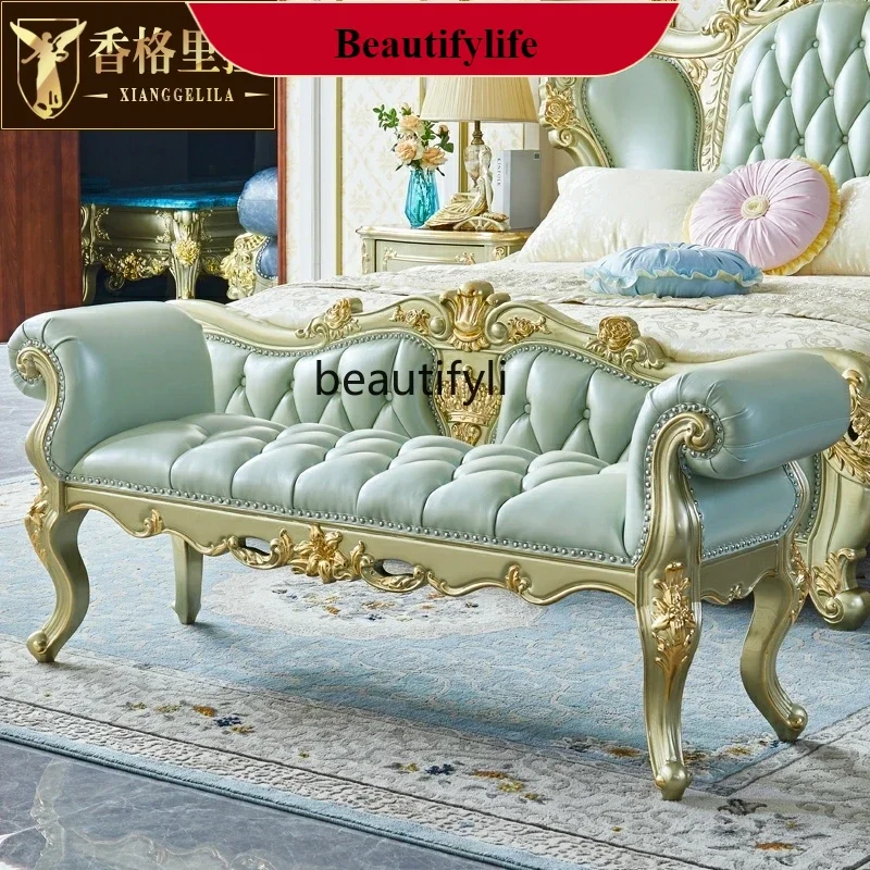 

D132 European style bedside stool American villa full solid wood carving flower white, bench bedroom bedside thickened leather s