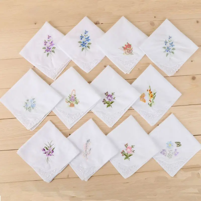 3Pcs/Set Women Basic White Square Handkerchief Floral Embroidered Pocket Hanky B