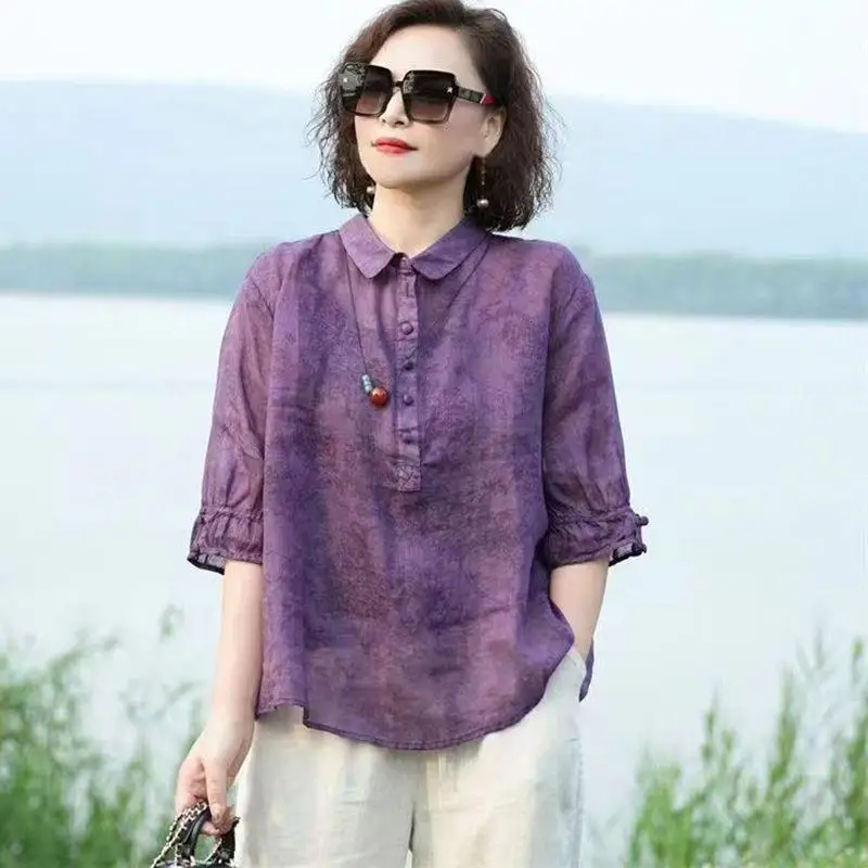 

Женская рубашка Slim Fit из хлопка и льна, тонкая, повседневная, с рукавом три четверти, нелиняющая, неусаживающаяся