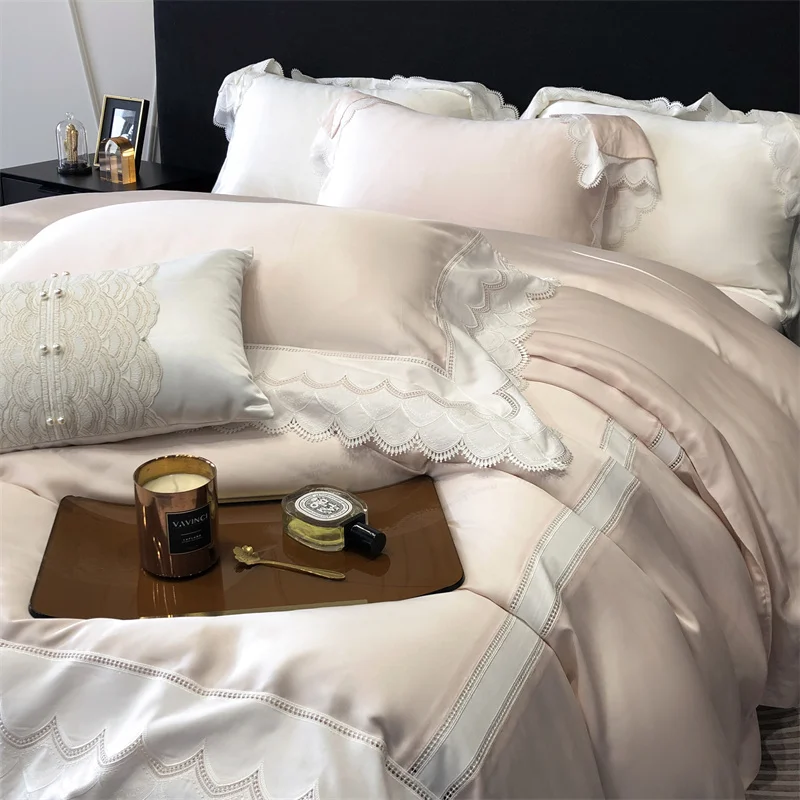 4Pcs Pink Princess Lace Edge Lyocell Eucalyptus Fiber Soft Silky Bedding Set Duvet Cover Set Bed Sheet/Fitted Sheet Pillowcases