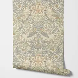 Natural Strawberry Thief Flower Wallpaper in Nature Color,Peel & Stick Wall Paper with cheeky birds feasting on nature's bounty