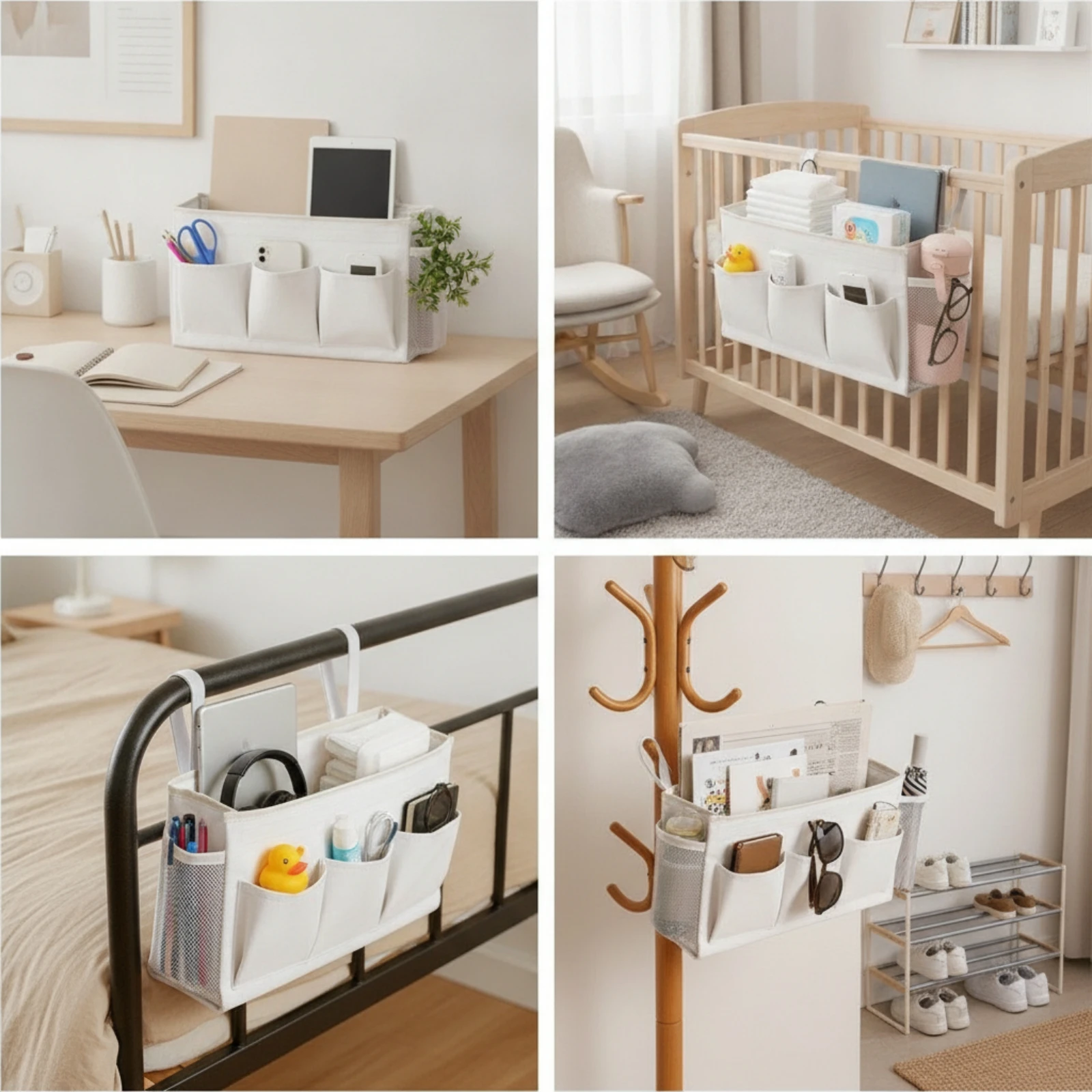 Bedside Holder with Hooks Structured Bedside Holder Crib Organizer Sturdy Hanging Storage Organizer with Mesh Pocket