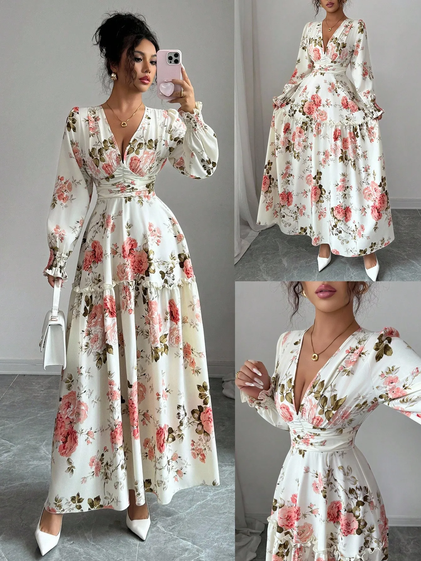 

Women's Floral Print Ruched Lantern Sleeve Maxi Dress with V-Neck and Tiered Hem
