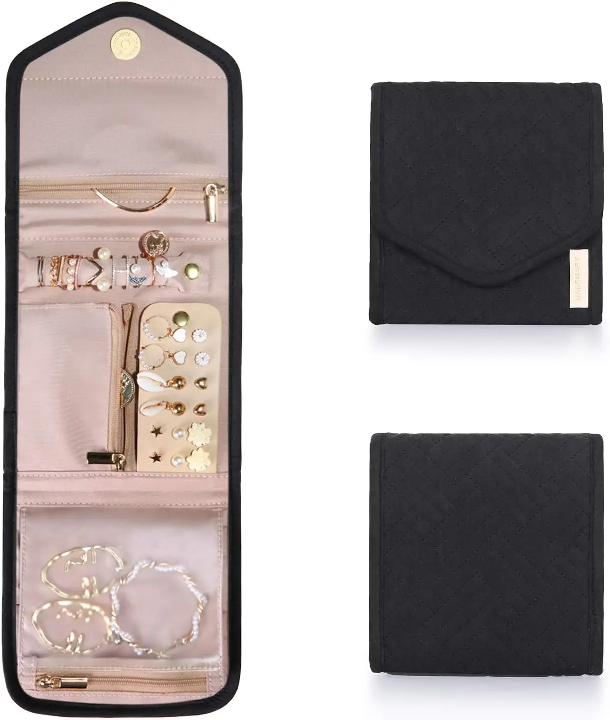 

Travel Jewelry Organizer Case Foldable Jewelry Roll for Journey Rings, Necklaces, Earrings, Bracelets, Mini, Black