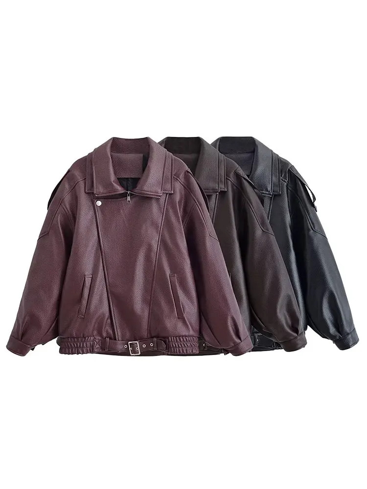 HH Frauen Vintage Pu Leder Bomber Jacke Rollkragen Lange Sleeve Zipper Faux Leder Mäntel Herbst Winter Mode Dame Streetwear