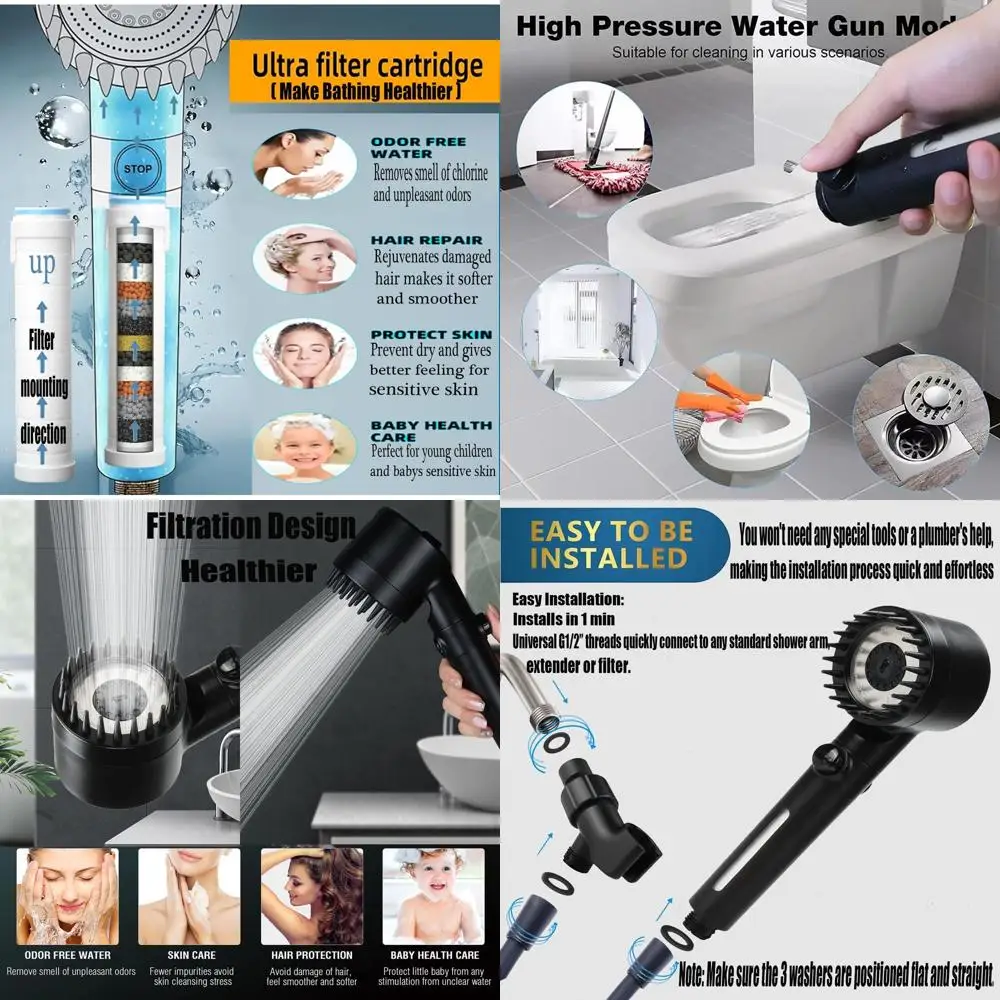 

High-Pressure Handheld Showerhead Set with 3 Modes, Filtered, 59 Hose, Bracket & Cotton Filters
