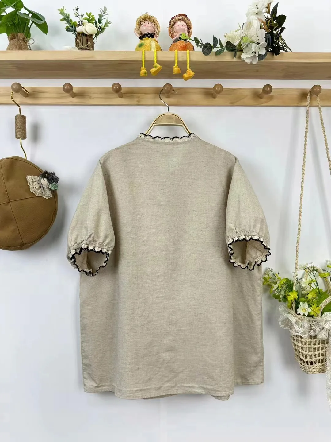 New Summer Cotton Linen Short Sleeve Shirt O Neck Tops Mori Girl Casual Loose Commute Sweet Lace Blouse 2024 Autumn T46706QC