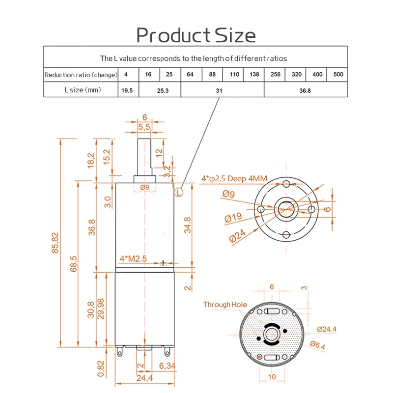 GA24Y-370 소형 유성 기어 감속기 모터, 속도 조절, 전진 및 후진, 17RPM-2125RPM 감속기, 6V, 12V, 24V