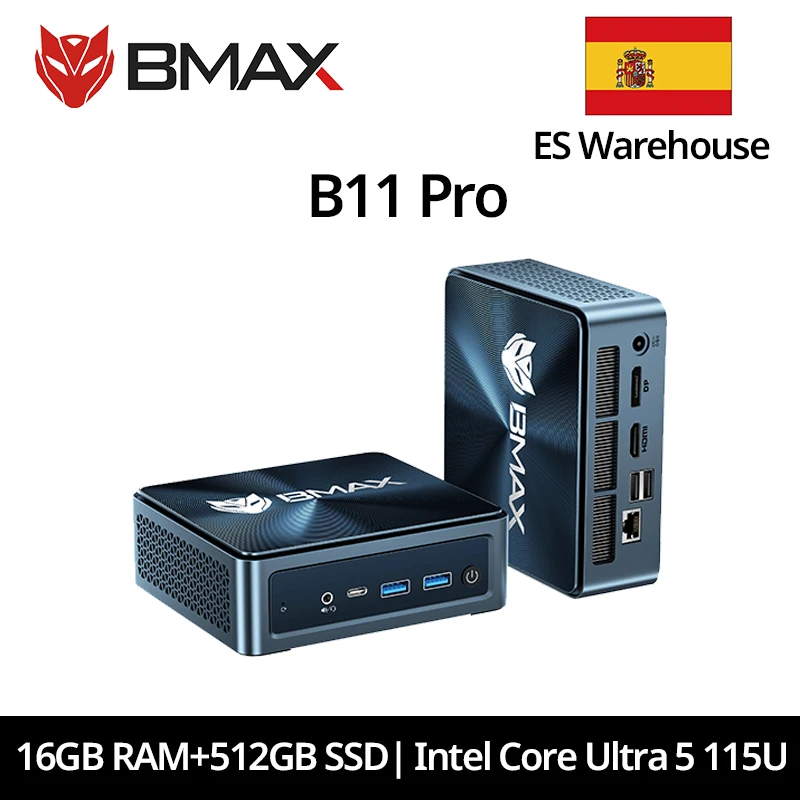 BMAX B11 Pro Mini AI PC, Intel Core Ultra 5 115U, 8 cores, 10 threads, 16 GB RAM, 512 GB SSD, WiFi, Bluetooth, USB, HDMI, Type-C, Windows 11.