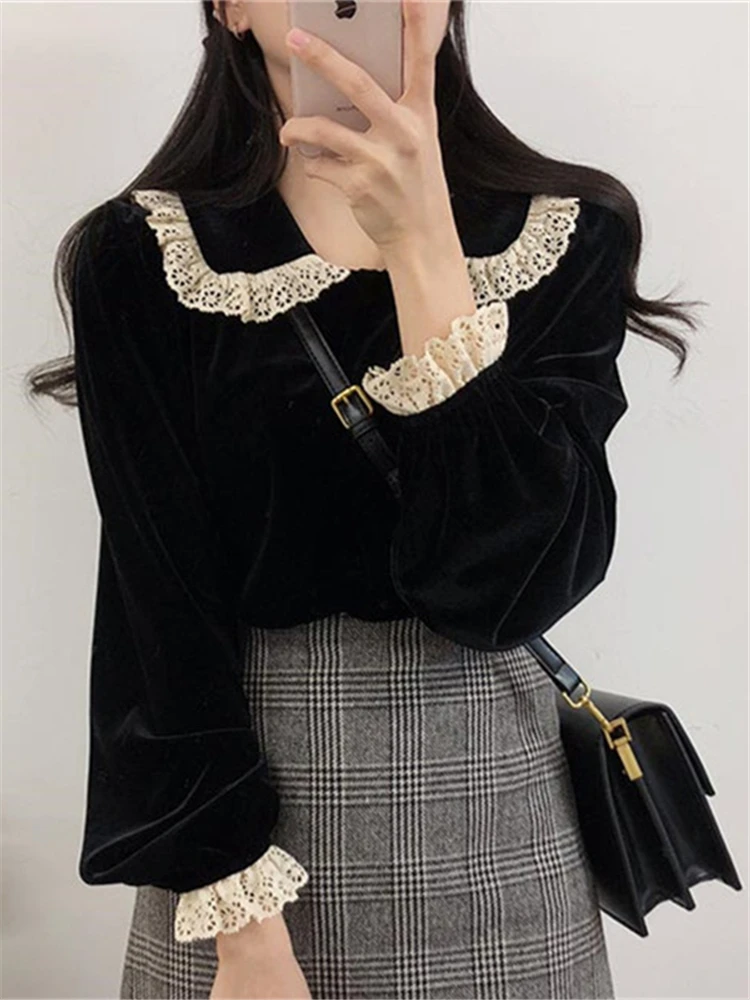 Alien Kitty Black Shirts High Quality Velvet Lace 2022 Hot Sale Fashion Office Lady Full-Sleeved Blouses