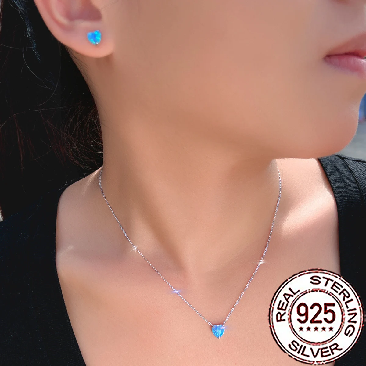 

QooLady S925 из стерлингового серебра, очаровательные серьги в форме сердца с мистическим синим опалом, комплекты серег и ожерелья для женщин, ювелирные изделия для свадебной вечеринки ST054