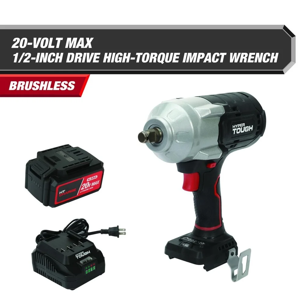 20V Max Brushless 1/2-inch High-Torque Cordless Impact Wrench 900ft-lbs Torque 4.0Ah Battery Charger LED Light Belt Clip