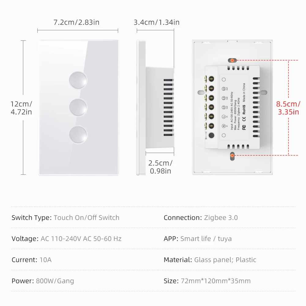 AVATTO Tuya Zigbee Touch Smart Switch 1/2/3/4 Gang Grooved Button Light Switch Wireless Remote Works With Alexa,Google Home