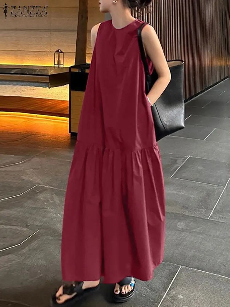 ZANZEA Fashion Women Party Holiday Sundress Sarafans Casual Loose Maxi Vestido Robe Summer Elegant Sleeveless Solid Long Dress