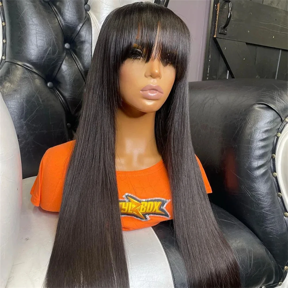 

30 Inch Full Machine Made Wig For Women Straight Human Hair Wig With Bangs Brazilian Wigs On Sale Cheap Fringe Wig 180 Density