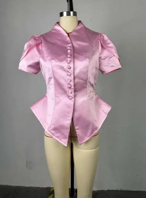 Top Women 2025 Summer New Style Temperament Buckle Puff Sleeve Casual Irregular Hem Slim Fit Short Sleeved Pink Shirt