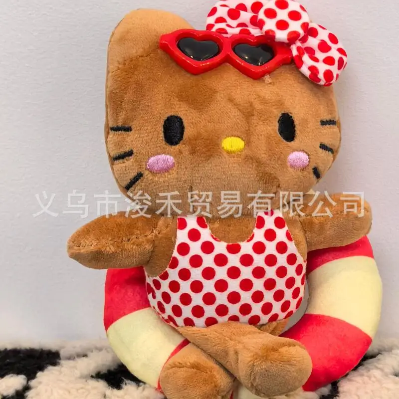 Sanrio Swimming Circle Hawaii Black Skin Hello Kitty Plush Doll Bag Pendant Decoration Cute Keychain Ornament Gift for Friends