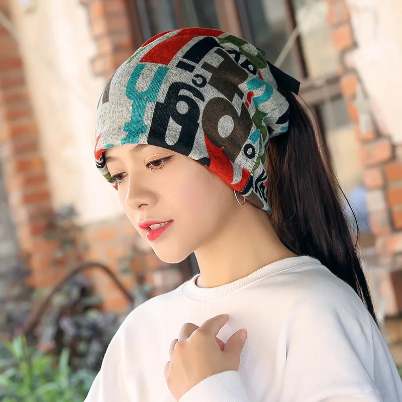 

Women Spring Autumn Windproof Warm Confinement Cap High Elasticity Headscarf Summer Letter Stripe Print Sunscreen Sun Hat W53